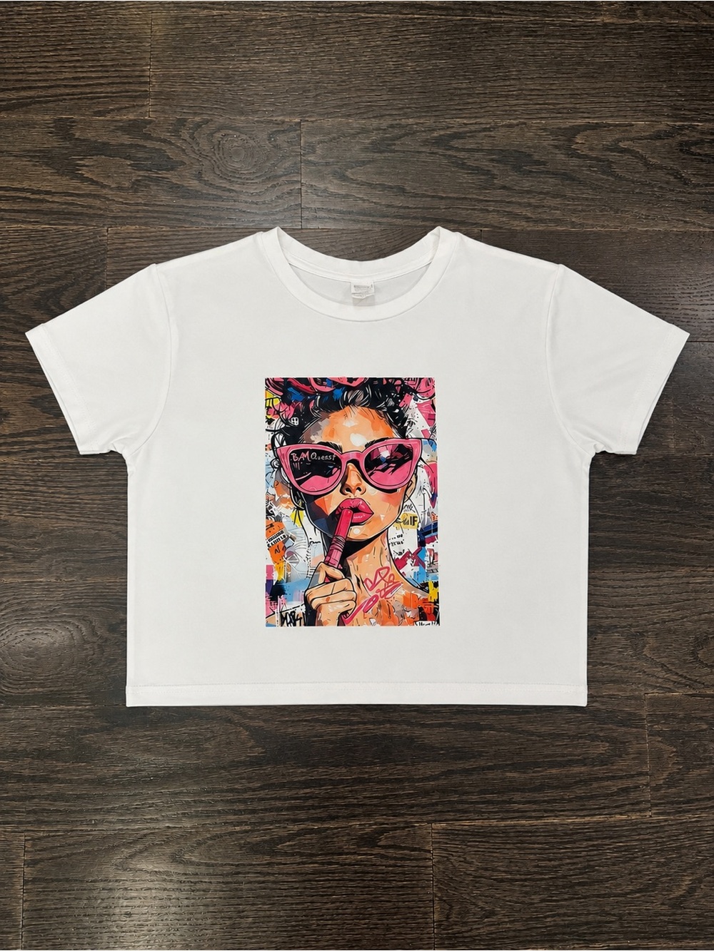White Womens' Graphic Crop Tee with Pink Pop-Art Design